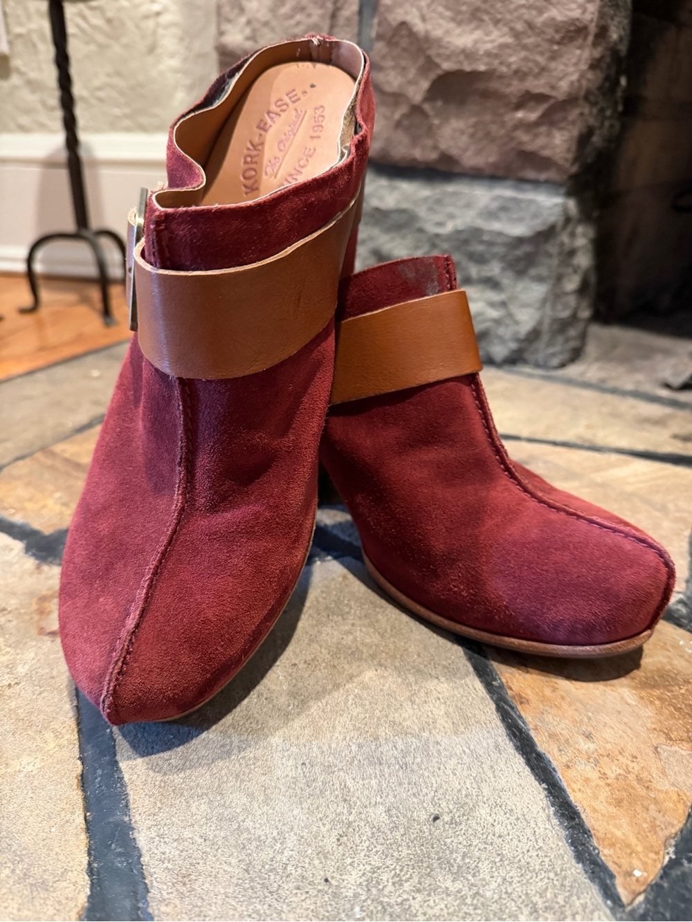 Kork-Ease Size 11 Deep Red Suede Ankle Booties with Tan Strap